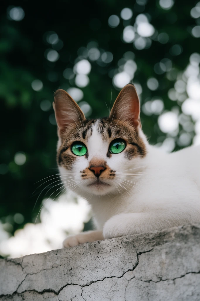A white cat with brown tabby facial markings and striking emerald-green eyes rests on a cracked concrete ledge, staring directly forward. The low-angle close-up features a shallow depth of field, blurring the background into dark green foliage and bright white circular bokeh under soft natural lighting.