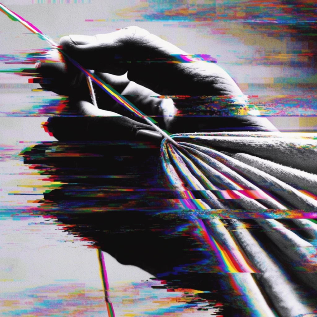 A heavily shadowed, high-contrast hand pulls a taut piece of thread through thick, layered folds of material, the entire scene fractured by severe digital glitch distortion. The underlying black and white forms of the fingers, thread, and fabric are violently disrupted by extreme horizontal displacement and brilliant RGB chromatic aberration. Neon streaks of magenta, cyan, yellow, and red slice laterally across the frame, shifting and severing sections of the hand and the folded fabric like corrupted data. Cascading pixel sorting drags the deep black shadows of the hand downward in jagged, static-filled smears. The taut thread vibrates with split color channels, cutting through the fractured digital noise. The background consists of a washed-out, grainy pale grey expanse heavily interrupted by thick, saturated bands of multi-colored digital static and harsh horizontal scanlines, immersing the composition in chaotic, corrupted visual artifacts.