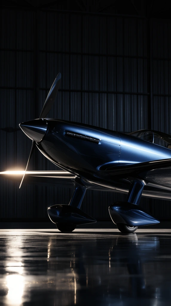 sleek dark metallic blue propeller airplane, aerodynamic wheel pants, retro-futuristic design, dark corrugated metal hangar, glossy reflective floor, dramatic chiaroscuro lighting, bright rim light on wing, low angle