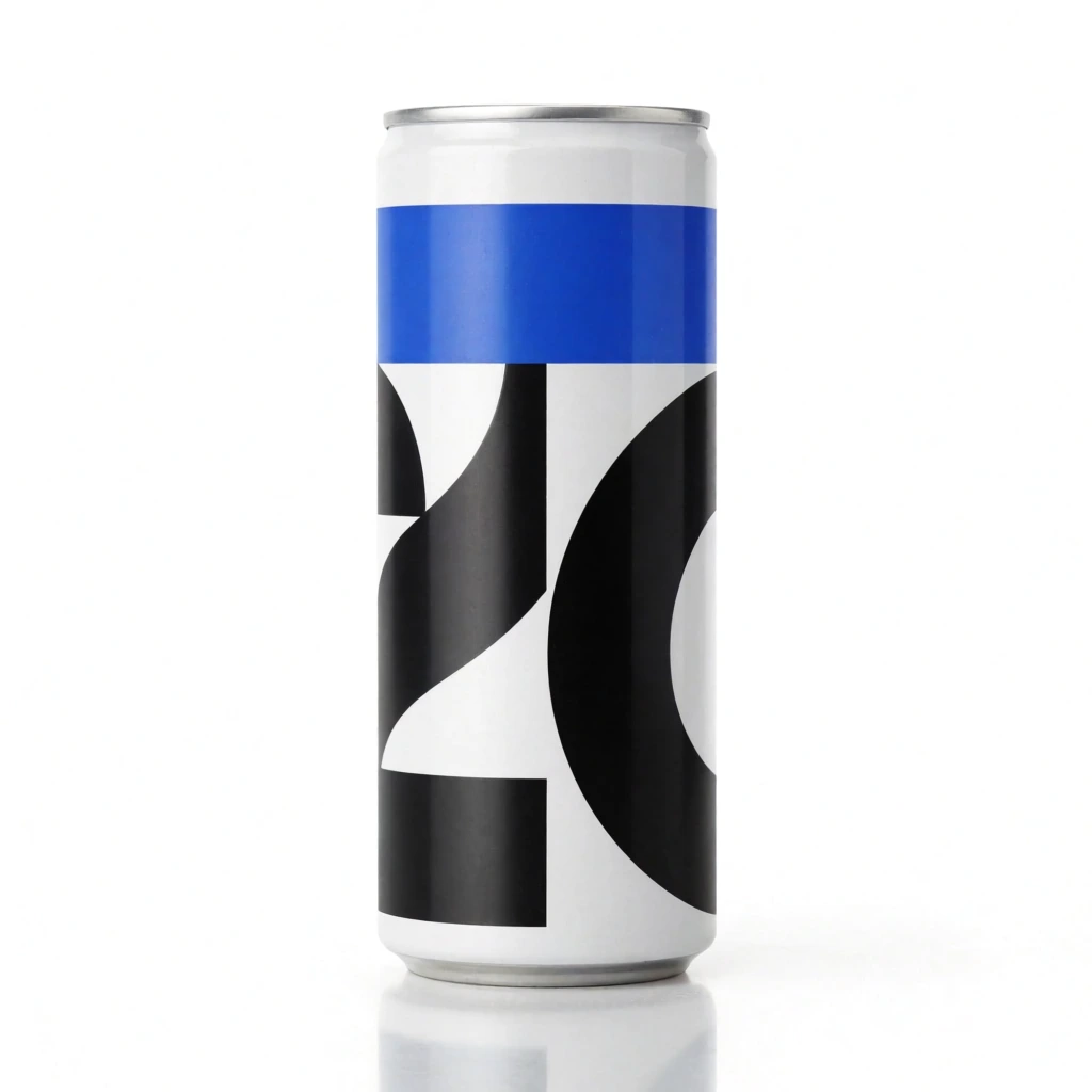 tall white cylindrical beverage can, metallic silver rim, solid cobalt blue horizontal band wrapping the upper section, bold abstract black geometric shapes and heavy contrasting curves covering the stark white body, standing upright on a glossy surface with a soft reflection, seamless white studio background, minimalist modern aesthetic, commercial product photography, high-key studio lighting, stark color contrast, pristine clean composition, sharp focus, ultra-detailed
