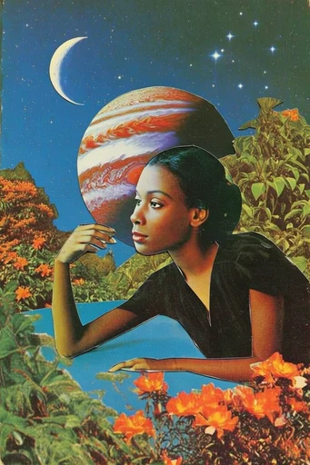 Vintage Cosmic Surrealism style reference image — cosmic juxtaposition