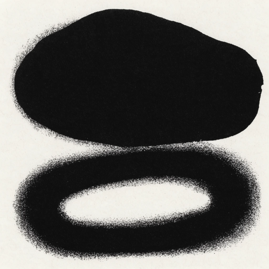 two large black abstract shapes on textured off-white paper, solid irregular blob above a thick horizontal oval ring, heavy grainy stippled edge shading, high-contrast monochrome printmaking style, photocopy degradation aesthetic