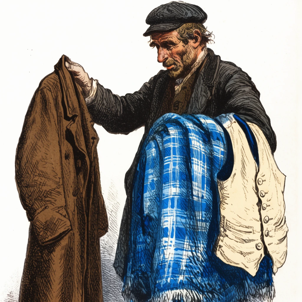 A vintage colorized illustration of a weathered man displaying garments for sale against a minimal white background. Wearing a dark flat cap and jacket, his outstretched right hand holds a long brown coat. A bright blue and white plaid blanket and a cream buttoned waistcoat drape heavily over his left arm. The antique printmaking style features bold outlines and dense cross-hatching, emphasizing the heavy layered textiles and rugged features.