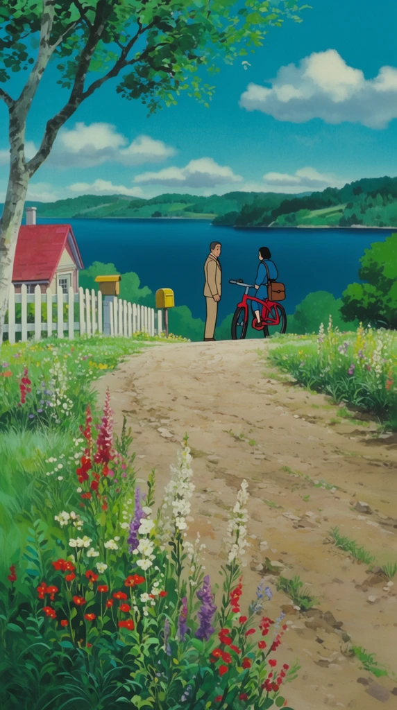 A serene, hand-painted 2D animation-style landscape features a dirt path leading toward a picturesque blue bay, where two distant figures pause to converse. The textured dirt road in the foreground is bordered by lush green grass and vibrant wildflowers with tall white, red, and purple blooms. A mature tree with pale bark and leafy branches frames the upper left. At the path's crest, a figure in a tan suit talks to someone in a blue outfit seated on a bright red bicycle with a brown messenger bag. A white picket fence encloses a quaint house with a red roof nearby, alongside a small yellow mailbox. A wide, deep blue body of water stretches across the midground, backed by gently rolling, forested green hills on the opposite shore. The sky is a brilliant azure dotted with fluffy white cumulus clouds. The scene is rendered with a vibrant color palette, detailed botanical textures, bright natural daytime lighting, and an idyllic, tranquil atmosphere typical of vintage cel animation backgrounds.