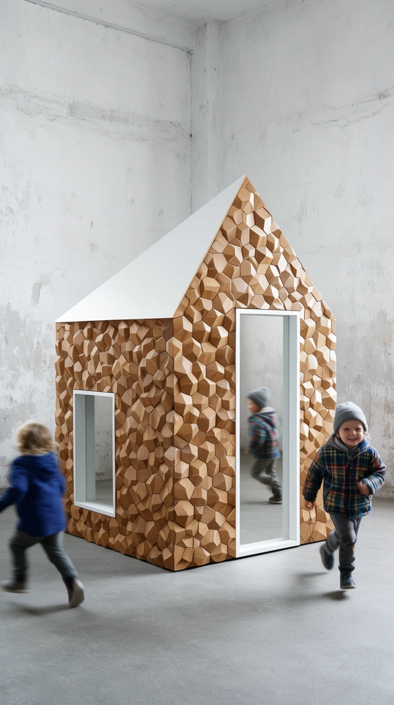 A small geometric playhouse with a highly textured facade of 3D wooden hexagons and an asymmetrical white pitched roof sits in a minimalist concrete room. The structure features two white-framed rectangular openings, with the tall vertical one reflecting a running child. On the right, a smiling child in a plaid jacket and grey beanie runs forward. On the left, a child in a blue jacket moves away in slight motion blur. The stark setting features distressed white walls and a smooth grey floor. Soft, diffused lighting emphasizes the intricate wooden cladding and the dynamic movement of the children against the industrial aesthetic.