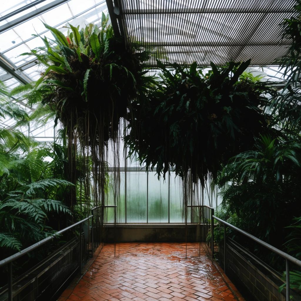 A lush greenhouse interior features a wet terracotta brick walkway in a herringbone pattern leading toward a frosted glass wall. Dense tropical foliage fills the space, with massive dark green ferns and epiphytes hanging from a slatted metal ceiling. Long aerial roots trail downward into the central aisle framed by low metal railings. Natural daylight filters through the clear glass roof and slatted canopy, creating high contrast between the deep, shadowed organic forms of the overhead plant life and the bright, geometric architectural elements of the botanical conservatory.