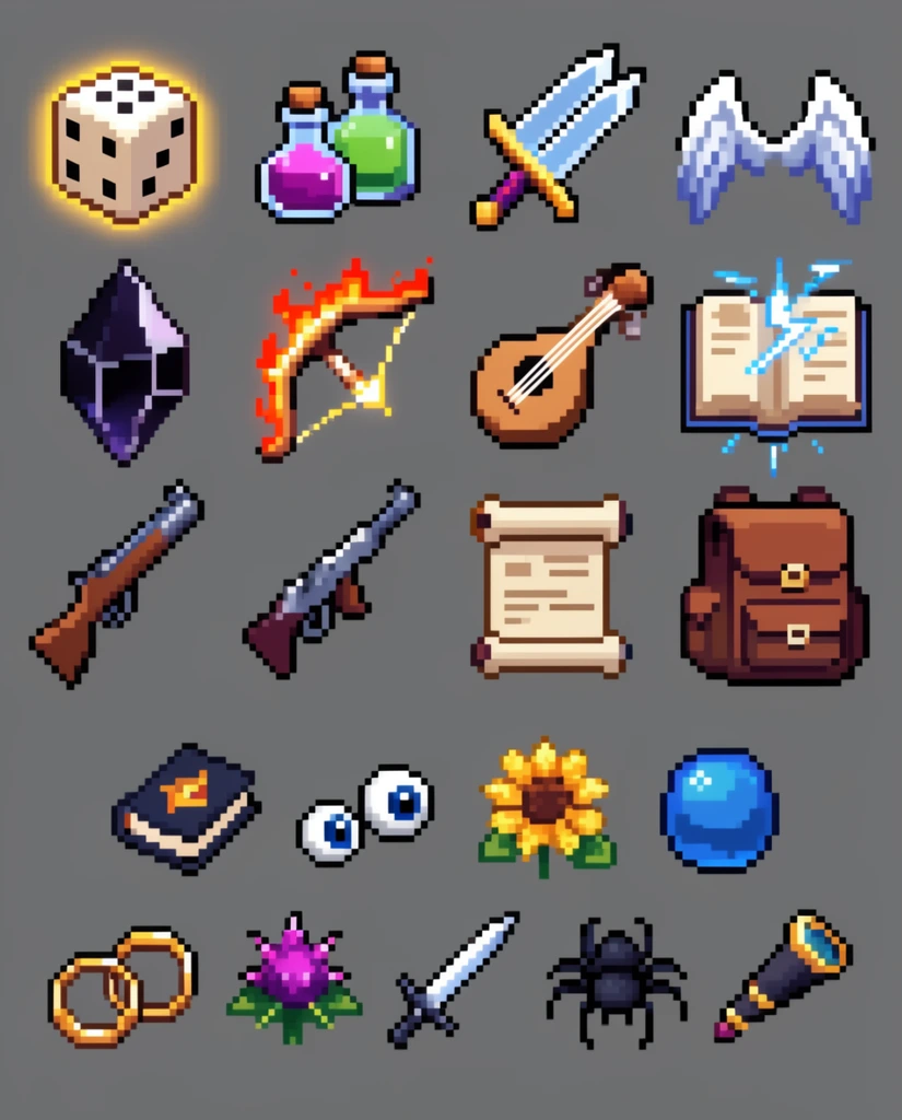 A grid of retro pixel art inventory sprites displayed on a solid grey background. The upper section features twelve large icons including a glowing die, potion flasks, a split-blade sword, feathered wings, a dark crystal, a fiery bow, a lute, a lightning-infused book, a rifle, a scroll, and a backpack. Beneath are ten smaller icons depicting a dark tome, eyeballs, a sunflower, a blue orb, rings, a spiked blossom, a slender blade, a spider, and a spyglass. The composition uses a classic 16-bit video game aesthetic with vibrant palettes, sharp pixelated borders, and flat shading.