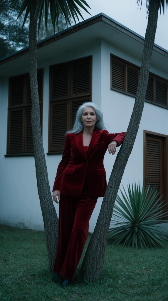 An older woman with flowing silver hair stands between two slender palm trunks forming a dramatic V-shape. She wears a tailored crimson velvet suit under cool, overcast lighting, resting one elbow casually against the right tree. Behind her, a mid-century white building features dark wood louvered windows and a matching door. A spiky green yucca plant accents the grass. The cinematic editorial style uses geometric framing and a muted palette to blend architectural modernism with striking fashion.