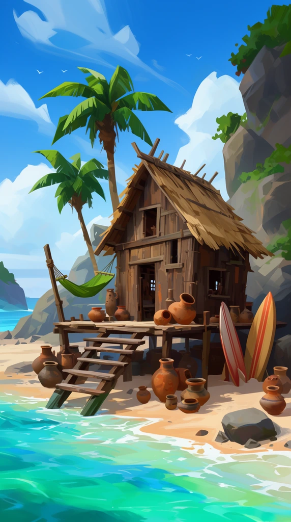 rustic wooden beach shack on stilts, thatched roof, scattered clay pottery, surfboards, green hammock, turquoise water, palm trees, rocky cliffs, vibrant stylized digital concept art