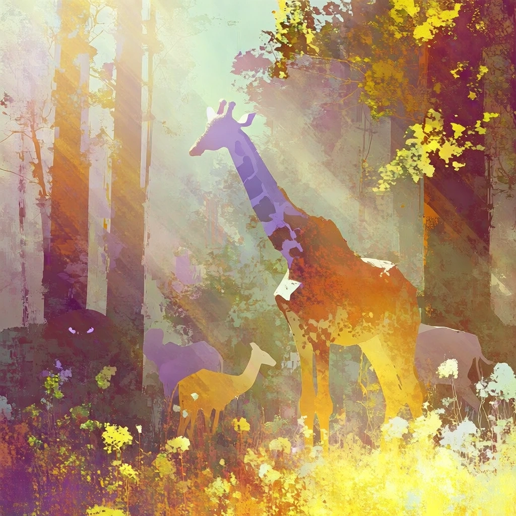 painterly impressionist style, loose expressive brushstrokes, sun-drenched forest setting, warm palette of golden ochre, lavender, and soft yellow, a majestic giraffe standing amongst a group of diverse animals, dappled light filtering through tall vertical trees, hazy atmospheric perspective, foreground of glowing yellow wildflowers, textured digital oil wash, dreamlike aesthetic, glowing eyes peering from shadows, high-key lighting, soft focus, layered composition.