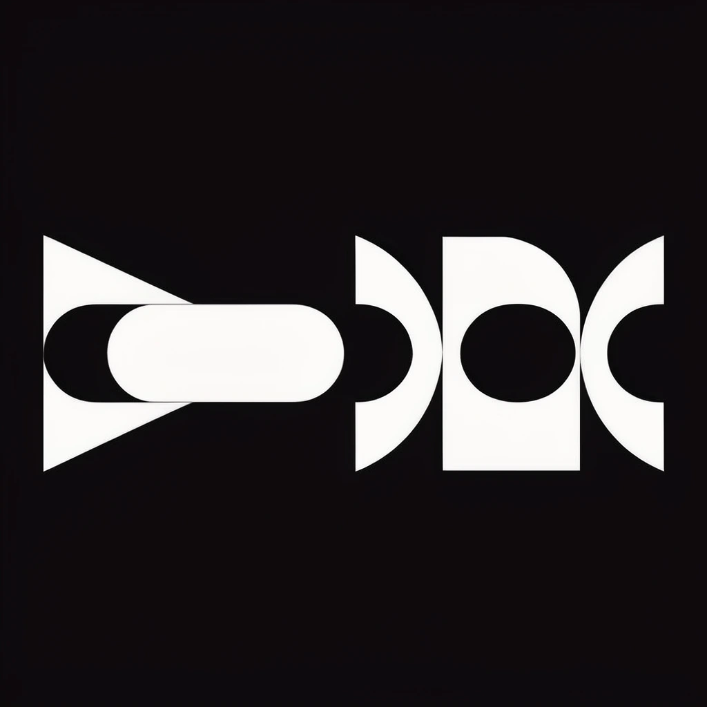 stark white geometric shapes arranged horizontally against a solid deep black background, minimalist graphic design, precise vector illustration style, intersecting circular negative space voids breaking solid white pathways, an isolated pill-shaped horizontal segment suspended between two angled lines, repeating curved and vertical architectural structures forming a cohesive linear sequence, flat high-contrast monochrome aesthetic, clean sharp edges, modern abstract visual identity motif