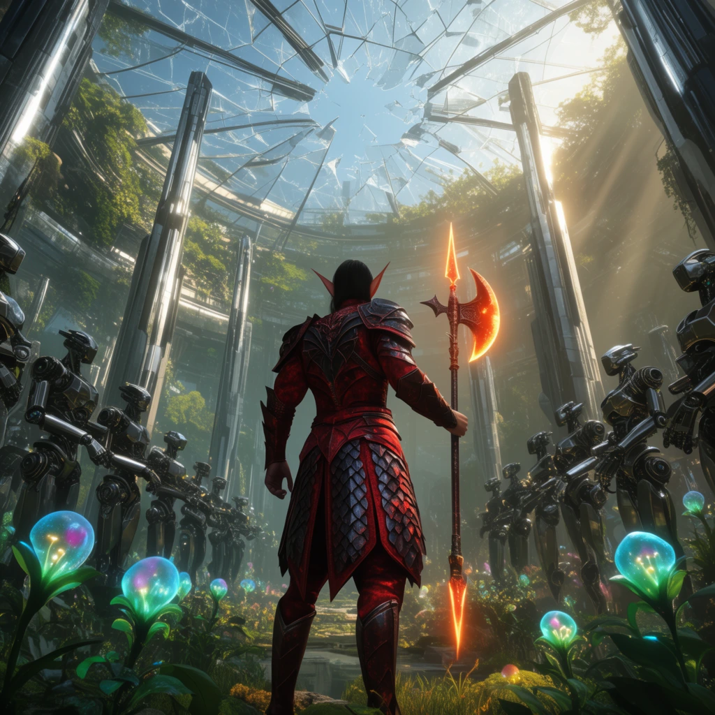 A male elven warrior in crimson and obsidian scale armor stands facing a shattered glass ceiling, holding a glowing halberd. Rows of metallic robotic sentinels flank him inside a colossal overgrown futuristic bio-dome. Dramatic sunlight streams past towering metallic pillars, illuminating bioluminescent plants in the foreground. Wide-angle cinematic composition.