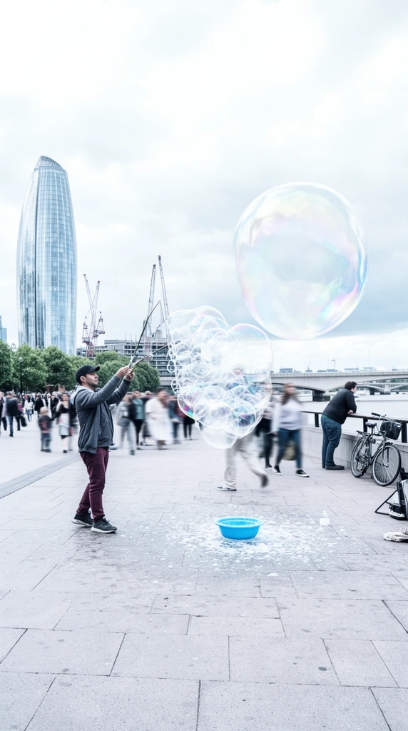 A street performer creates massive soap bubbles on a bustling paved waterfront promenade. Wearing a dark cap, grey jacket, and maroon pants, he manipulates two wands with a string to form a cluster of shimmering bubbles above a bright blue bowl. A gigantic iridescent bubble floats high on the right. Blurred pedestrians and a person leaning on a railing near a bicycle populate the walkway. The background features a towering curved glass skyscraper, green trees, cranes, and a river bridge. The wide-angle shot features a cool, desaturated color palette, bright diffused lighting from an overcast sky, and subtle motion blur capturing the lively urban atmosphere.