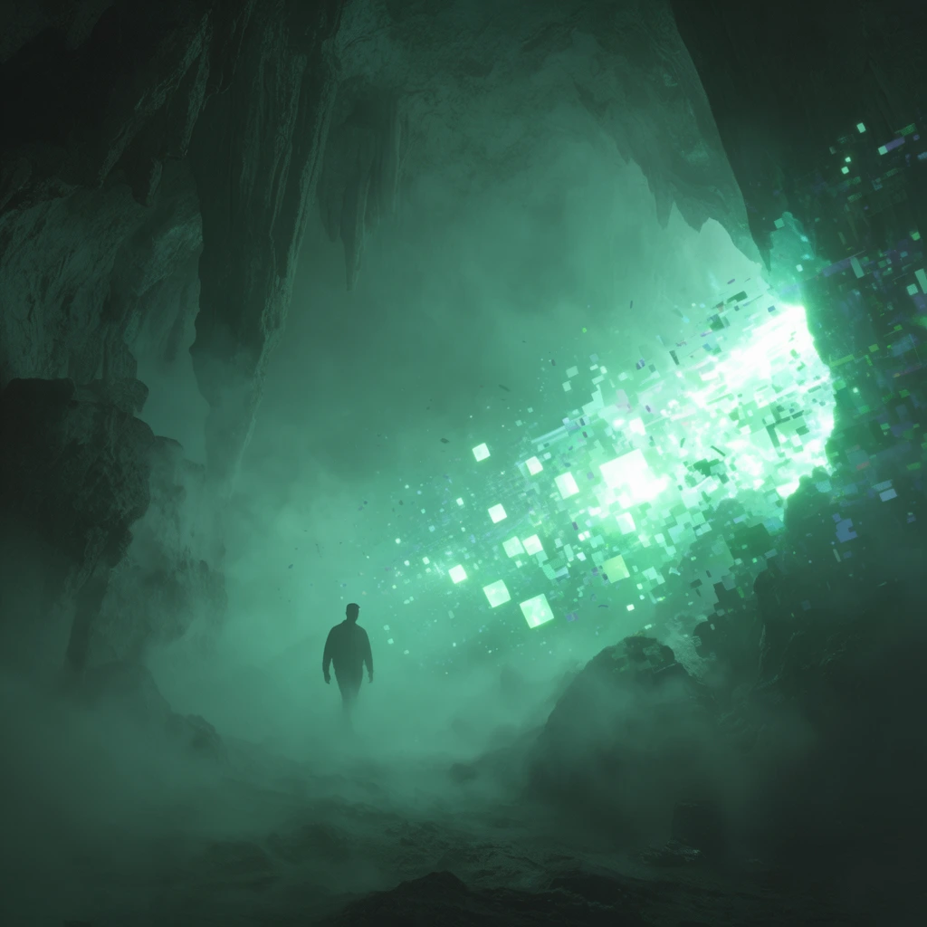 A silhouetted man walks through a colossal cavern bathed entirely in a dense, monochromatic sea-green and teal mist. Thick, swirling volumetric fog envelops the rocky environment, heavily scattering an intense, blinding neon-green light radiating from the depths of the cave. The glowing beam of energy fractures and dissolves mid-air into a dynamic stream of floating, luminescent digital cubes and sharp pixelated geometric fragments. The jagged, rough-hewn stalactites and heavily textured stone walls loom in dark, moody shadows against the luminous haze. The cinematic digital concept art style emphasizes a dramatic scale, stark atmospheric contrast, and a surreal integration of digital glitch artifacts within the hazy, textured geological environment.