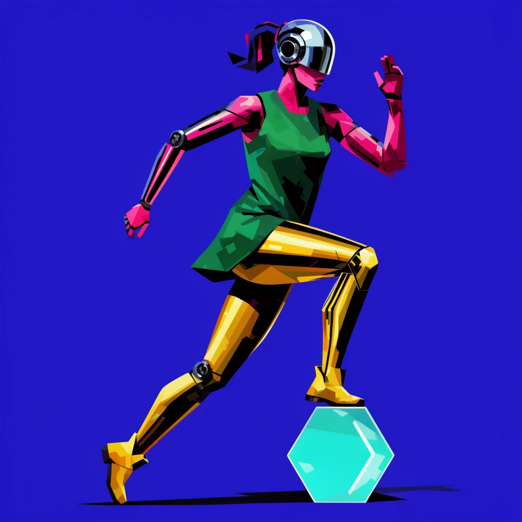 A geometric pop-art illustration of a female android athlete mid-stride, maneuvering a glowing cyan hexagonal prism with her foot against a solid royal blue background. The figure features a smooth chrome visor and segmented mechanical limbs defined by sharp, high-contrast shading in magenta and black. She wears an emerald green sleeveless tunic, bright yellow metallic leggings, and angular boots. Harsh, jagged shadows and blocky, abstract highlights shape her form, utilizing bold, graphic shapes and a highly saturated color palette to project kinetic energy in a retro-futuristic athletic aesthetic.