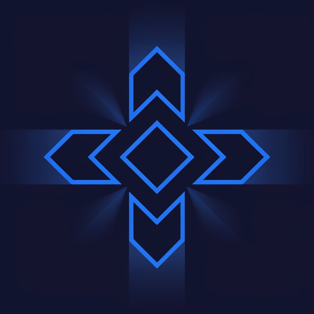 symmetrical geometric emblem, bright blue outlines, central diamond surrounded by four outward-pointing chevrons, star cross formation, minimalist vector art, sci-fi HUD aesthetic, dark navy blue background, subtle radiating gradient light beams, flat design, high contrast glow effect, futuristic crosshair, simple clean composition