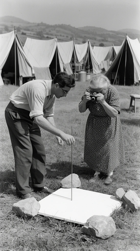 Black and white vintage photograph of a man and older woman in a grassy encampment. The man bends over a white board anchored by stones on the ground, holding a thin vertical rod. Beside him, the woman in a patterned dress photographs the board with a small camera. A row of A-frame canvas tents and distant rolling hills form the background under bright daylight.