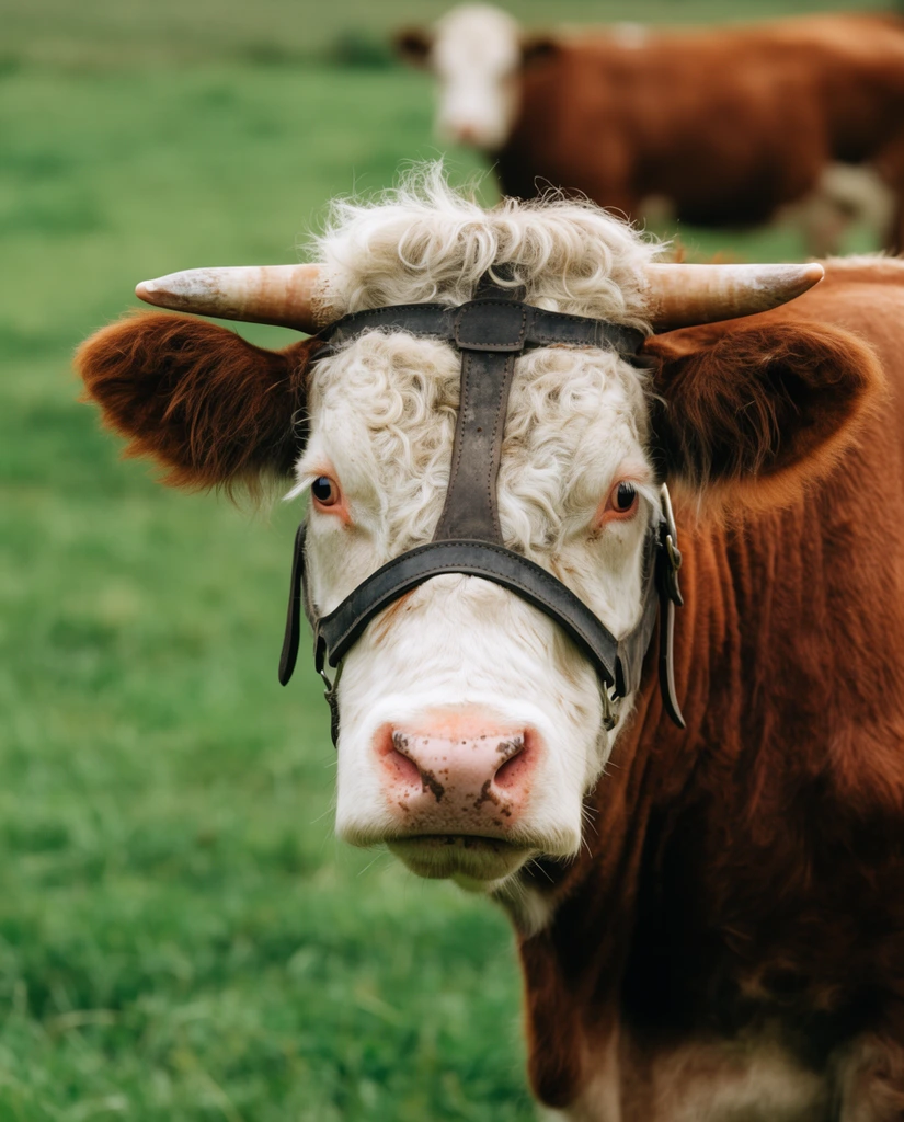 close-up portrait of a rustic cow, reddish-brown coat, prominent white face with thick curly hair, dark leather halter strapped across short horns and forehead, pink mottled nose, light brown eyes, sharp focus on facial textures, standing in a vibrant green pasture, shallow depth of field, soft bokeh background with a second blurred cow, natural daylight, rural agricultural photography, earthy tones, telephoto lens portrait