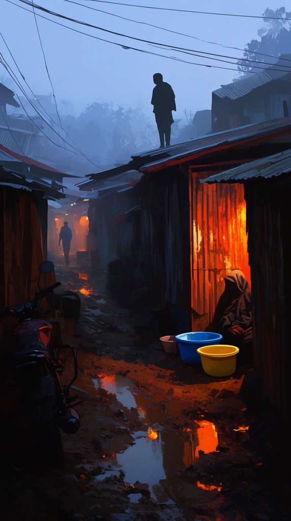 narrow muddy shantytown alleyway at twilight, silhouetted figure standing atop a corrugated metal roof, parked motorcycle in deep shadows, cloaked figure sitting beside bright blue and yellow plastic basins, misty background with a distant walking figure, overhead power lines against a cool blue sky, intense fiery orange light hitting a metal shack, glowing orange reflections in wet mud puddles, stark contrast of cold ambient blues and warm artificial ambers, gritty textured digital painting, atmospheric cinematic concept art