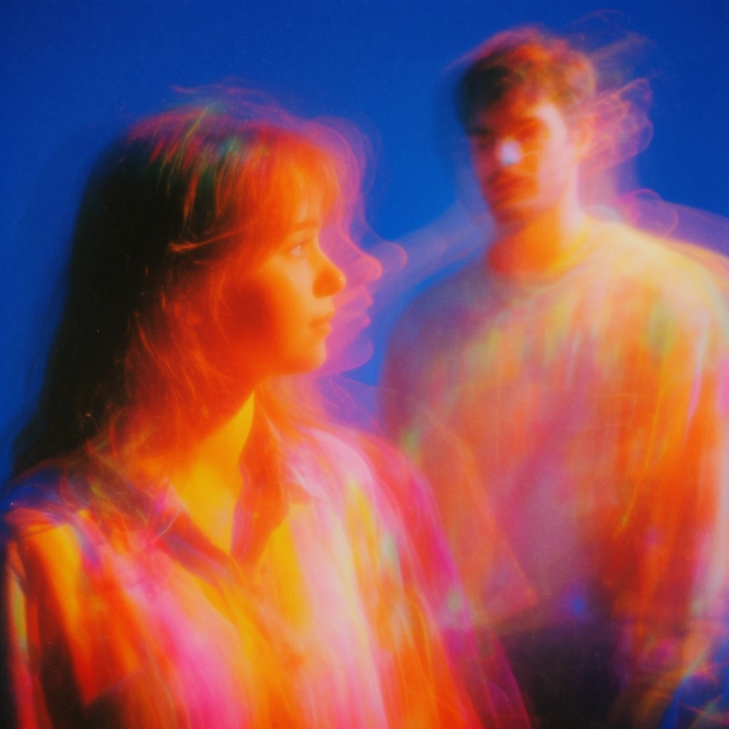 A girl in the foreground left looks toward a man positioned in the right background, entirely enveloped in a heavy, sweeping long-exposure motion blur that generates ethereal, overlapping light trails. The girl is illuminated by intensely saturated, fiery orange, neon yellow, and vibrant magenta gel lighting, her form softly smeared and duplicated by the intentional camera drag. The man in the background shares this ghostly, multiple-exposure effect, his features obscured by the hazy, shifting glow of the radiant warm light. The surrounding environment is swallowed by a deep, vivid cobalt blue that sharply contrasts with the blazing, spectral colors illuminating the figures. The composition exhibits a deeply psychedelic, analogue film aesthetic characterized by dense film grain, soft focus, prismatic chromatic refractions, and a fluid, dreamlike texture where the brightly colored light bleeds heavily into the saturated blue space.