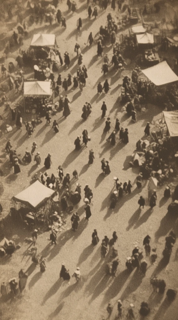 An aerial vintage sepia photograph captures a dense crowd milling across a wide outdoor plaza. Individuals cast long, sharp directional shadows over the flat ground under low sunlight. Small square tents and makeshift stalls dot the open space. The scene features a heavily grainy, soft-focus texture characteristic of early archival film. Miniature figures wearing indistinct dark historical clothing move in an organic, bustling arrangement. High contrast between the bright earth and deep silhouettes creates a dynamic, textured composition.
