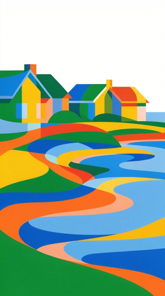 A cluster of houses adjacent to a body of water, rendered entirely as a flat vector illustration composed of sweeping, interlocking ribbons of solid color. The architectural structures of the houses and the surface of the water are constructed from smooth, hard-edged, curving bands flowing continuously across the scene. The highly saturated color palette consists of solidly filled, brightly contrasting segments of emerald green, vivid yellow, fiery orange, cobalt blue, sky blue, and peach. The volumetric forms and spatial boundaries of the buildings and the water are delineated strictly by the sharp intersections of these vibrant color fields, utilizing flat graphic design principles with crisp vector-style boundaries. The vividly colored, organically shaped composition sits isolated against a stark, pure white background, relying completely on the precise arrangement of the flat, overlapping, brightly hued geometric curves to construct the architectural and natural elements.