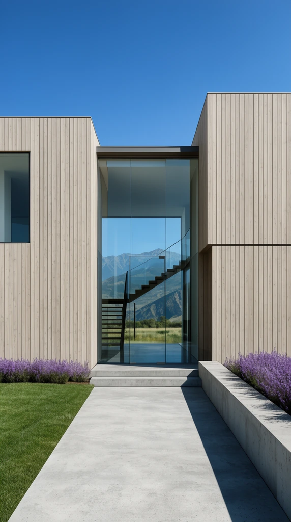 Modern minimalist house exterior, rectilinear geometry, light vertical wood siding, floor-to-ceiling glass reflecting mountains, transparent entryway, interior staircase, concrete walkway, low retaining wall, purple flowers, green lawn, clear blue sky, sharp shadows, crisp architectural photography
