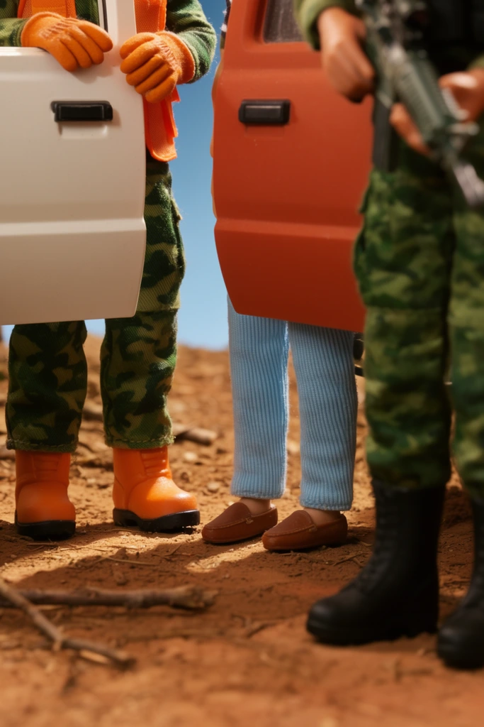 A low-angle, stop-motion style composition focuses on the lower halves of three figures standing behind parked vehicles on a dry, reddish-brown dirt terrain. On the left, behind a solid white vehicle panel, a figure wears thick orange work gloves, green camouflage pants, heavy orange boots with black soles, and an orange safety vest. In the center, behind an orange-red truck tailgate, a person wears ribbed light-blue trousers and brown slip-on loafers. In the right foreground, softened by a shallow depth of field, a third figure is dressed in green camouflage pants and tall black boots, holding a dark tactical rifle. The uneven ground features scattered twigs under bright, warm, directional sunlight casting sharp, high-contrast shadows. A narrow view of a clear blue sky appears between the matte painted vehicle panels. The highly textured woven fabrics, sculpted clothing folds, and chunky footwear strongly emphasize a tangible, miniature diorama aesthetic.