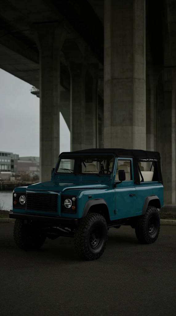 A teal, boxy off-road vehicle with a black soft top is parked on an asphalt surface under a massive concrete overpass. The vehicle features large, aggressive black tires, round headlights, a black grille, and cream-colored interior seating visible through the windows. The background includes tall, thick concrete support pillars stretching upwards, with a glimpse of an overcast sky, water, and distant industrial buildings to the left. The scene has a muted, moody atmosphere with low contrast lighting, emphasizing the vehicle's glossy paint against the raw concrete surroundings.