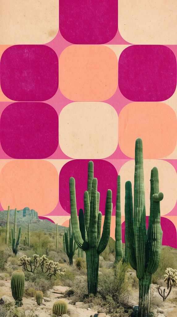 A surreal mixed-media collage featuring a lower-third photographic desert landscape with green saguaro cacti. The sky is replaced by a retro geometric grid of alternating magenta and peach rounded squares. A vintage, grainy paper texture unifies the composition.