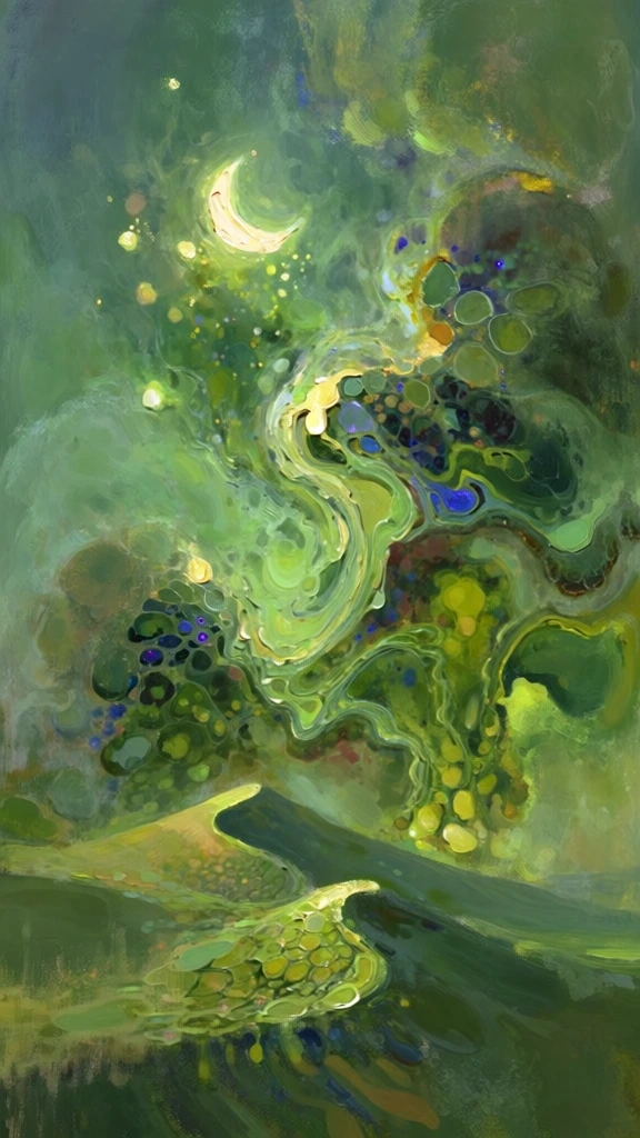 ethereal impressionistic painting, heavy impasto texture with thick swirling brushstrokes, biomorphic fluid dynamics, a luminous crescent moon and scattered dabs of starlight, massive nebulous clouds merging into rolling desert dunes, cellular organic patterns, liquid-like transitions, vibrant emerald and moss green palette, electric yellow highlights, deep cobalt accents, inner-lit atmosphere, soft-focus dreamlike quality, expressive curvilinear forms, textured painterly finish.