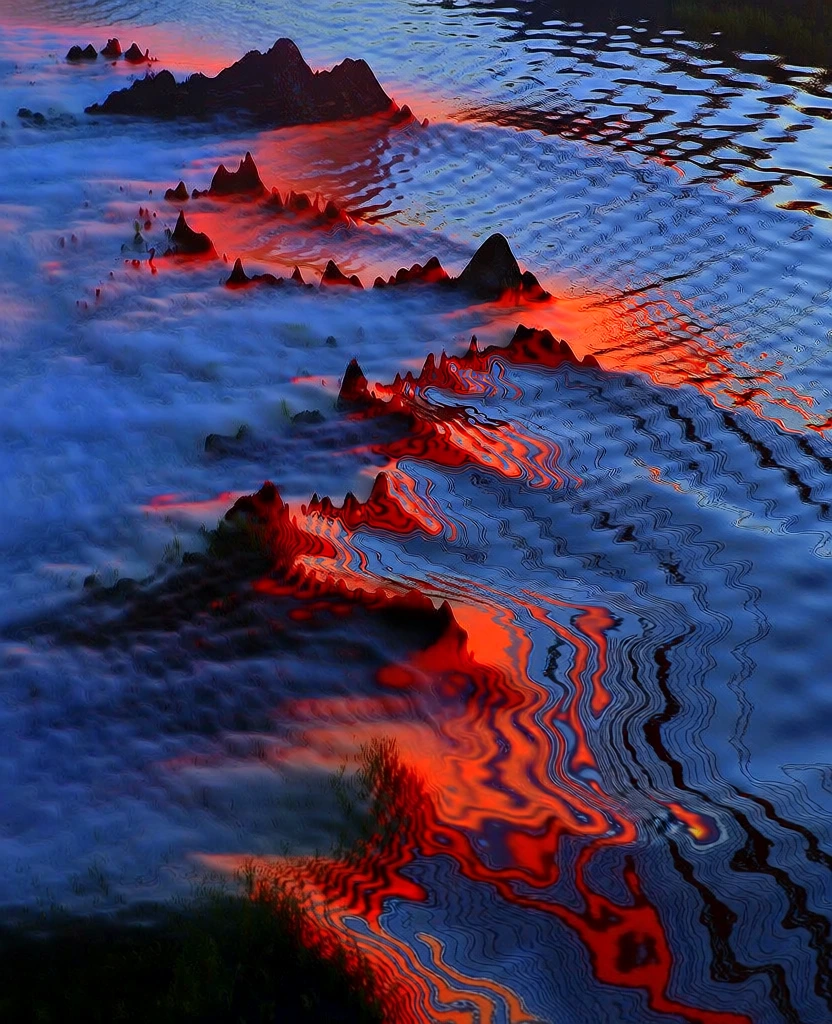 Sunset Distorted Abstracted mountain ridge silhouettes, graphic liquid... | Krea