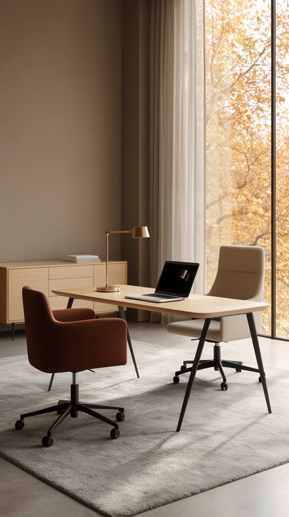 A modern minimalist workspace featuring a sleek light wood desk with angled black metal legs, topped with an open laptop and a brass desk lamp. A low-back rust-brown rolling chair sits in the left foreground facing a high-back beige rolling chair. A matching wood credenza rests behind them on a plush gray rug against a smooth taupe wall. A large floor-to-ceiling window with sheer drapes reveals golden autumn leaves, casting soft natural light across the warm earth-tone color palette in this photorealistic architectural interior shot.