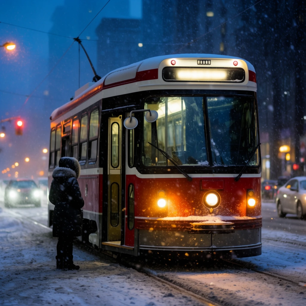 A classic red and white streetcar idles on a snow-covered city avenue during a heavy twilight blizzard. The vehicle features a curved glass windshield, an illuminated upper display box, and glowing round headlights casting warm amber beams through the thick falling snowflakes. Its front folding doors are open to the snowy street. To the left, a figure in a dark, fur-hooded winter coat stands on the slushy road facing the entrance. Above, a trolley pole connects to overhead wires against a deep blue evening sky. The background softens into a cinematic blur of glowing orange streetlights, dark towering building silhouettes, and the headlights of distant cars navigating the wintry urban landscape.
