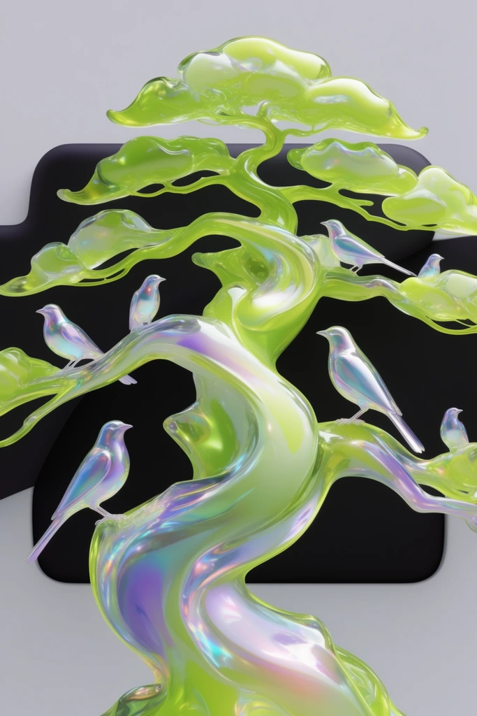 A twisting pine tree and perched birds rendered as a hyper-smooth, glossy, 3D fluid structure. The intertwining trunk and sweeping branches of the pine tree are formed from thick, viscous, glass-like material gleaming in vibrant neon lime green. Pearlescent sheens of holographic purple, cyan, and soft pink bleed across the highly reflective, curvilinear surfaces of the tree's organic, melting form. Scattered throughout the liquid-like branches sit sleek, stylized birds, sculpted from the same hyper-polished, translucent iridescent material, their smooth bodies catching sharp, glossy specular highlights and chromatic dispersion. Soft, diffused studio lighting creates luminous gradients across the twisting limbs and perched avian figures. Behind the luminous green tree, the background features clean, modern graphic layers composed of a deep, pitch-black geometric shape with soft, rounded contours resting against a flat, matte light gray environment.