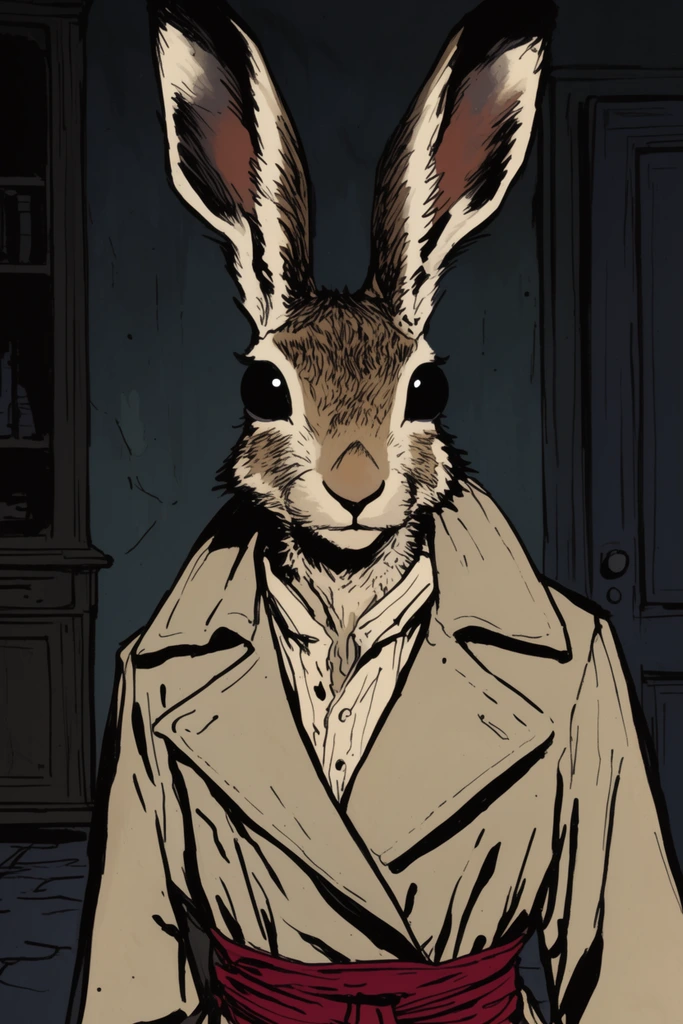 anthropomorphic hare portrait, large solid black eyes, beige trench coat, deep red waist sash, dark moody interior, graphic novel illustration, thick black ink outlines, muted colors