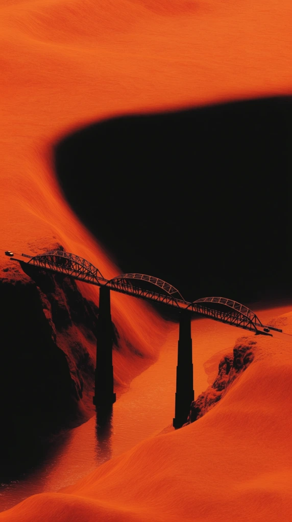A stark black silhouetted truss bridge with three arched sections spans a deep gorge connecting two rocky cliffs, set within a vast landscape rendered entirely in blazing orange and consumed by a massive, pure black shadow. The bridge features an intricate framework and tall supporting pillars rooted deep in the valley, with a single, minuscule vehicle positioned on the deck. Below, a river winds through the gorge, flanked by smooth, sweeping hills. A colossal, solid curve of pitch-black shadow dominates a large portion of the composition, creating a sharp, extreme high-contrast boundary against the intensely illuminated orange terrain. The fiery amber and red-orange landscape exhibits a fine, flowing, grain-like texture following the undulating contours of the cliffs and valley floor. An extreme aerial perspective and minimalist scale reduce the bridge, pillars, and vehicle to tiny, crisp dark focal points against the glowing, heavily stylized, two-toned monochromatic environment.