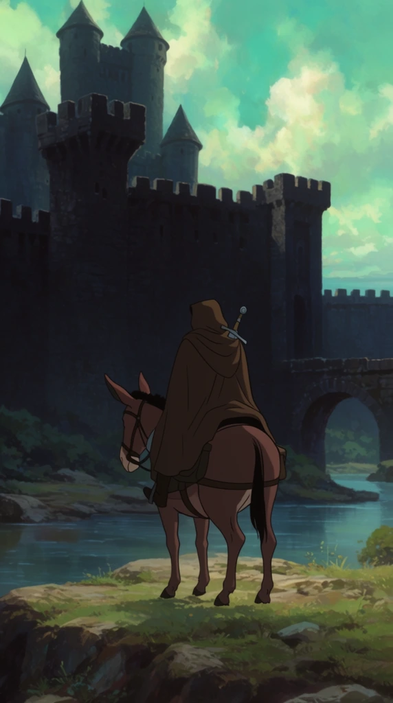 A cloaked traveler riding a brown mule stands on a rocky, grassy bluff, gazing across a tranquil river at a colossal stone fortress. Viewed from behind, the figure wears a heavy brown cloak with a sword hilt protruding over their shoulder. The heavily shadowed castle dominates the midground, featuring sheer walls, square battlements, conical towers, and an arched stone bridge. This imposing dark architecture contrasts sharply with a bright, vibrant sky filled with glowing pale turquoise and white clouds. Rendered in a classic 2D animated fantasy style, the artwork combines a flat-shaded character cel with a rich, painterly matte background. Atmospheric perspective and a low camera angle emphasize the massive, cinematic scale of the distant stronghold.