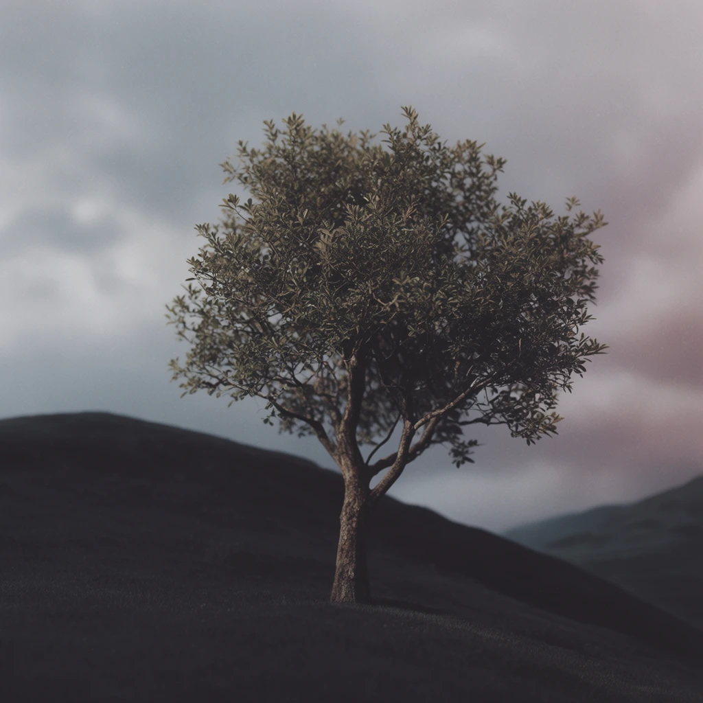 A tree on the crest of a hill beneath an expansive, overcast sky, rendered in a cinematic, medium-format photographic style. Soft, diffused natural light evenly illuminates the scene, casting deep, matte charcoal shadows across the terrain. The intricately textured bark and foliage of the tree feature muted olive and earthy brown tones, standing against a sky characterized by cool slate grays and subtle dusty mauve gradients. A shallow depth of field holds the primary tree in precise, gentle focus while the distant slopes and clouds dissolve into a smooth, atmospheric blur. Fine photographic film grain overlays the composition, establishing a highly desaturated, low-key visual treatment with a flat matte finish and rich, heavy shadow retention.