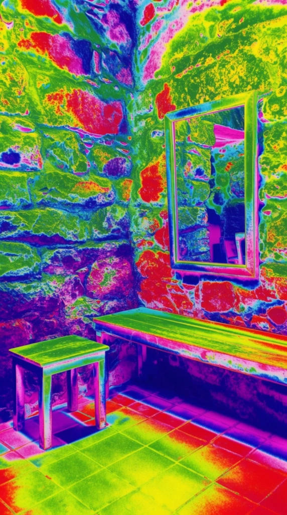 A corner area formed by rough stone walls rendered entirely in a hyper-saturated, false-color thermal imaging aesthetic. A rectangular mirror hangs on the right wall above a long bench and a smaller square stool sitting on a tiled floor. The structural elements, furniture, and textures of the room are defined by extreme topographical color banding, replacing natural lighting and hues with vivid magenta, electric lime green, bright cyan, toxic yellow, and neon red. The uneven, rugged surfaces of the stones and the precise geometric grid of the tiled floor exhibit stark, high-contrast color shifts, mapping deep crevices in dark purples and blues while highlighting protruding edges in brilliant reds and greens. The entire environment is saturated in an aggressive, posterized neon color palette that mimics an ultra-high-resolution infrared photograph, utilizing sharp micro-contrast and intense gradient mapping to outline every physical contour and material transition in the room.