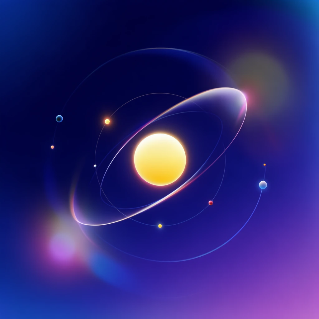 abstract minimalist solar system, central glowing yellow sphere, intersecting luminous orbital curves, small glowing planetary dots, deep blue to purple gradient background, soft bokeh flares, futuristic digital aesthetic