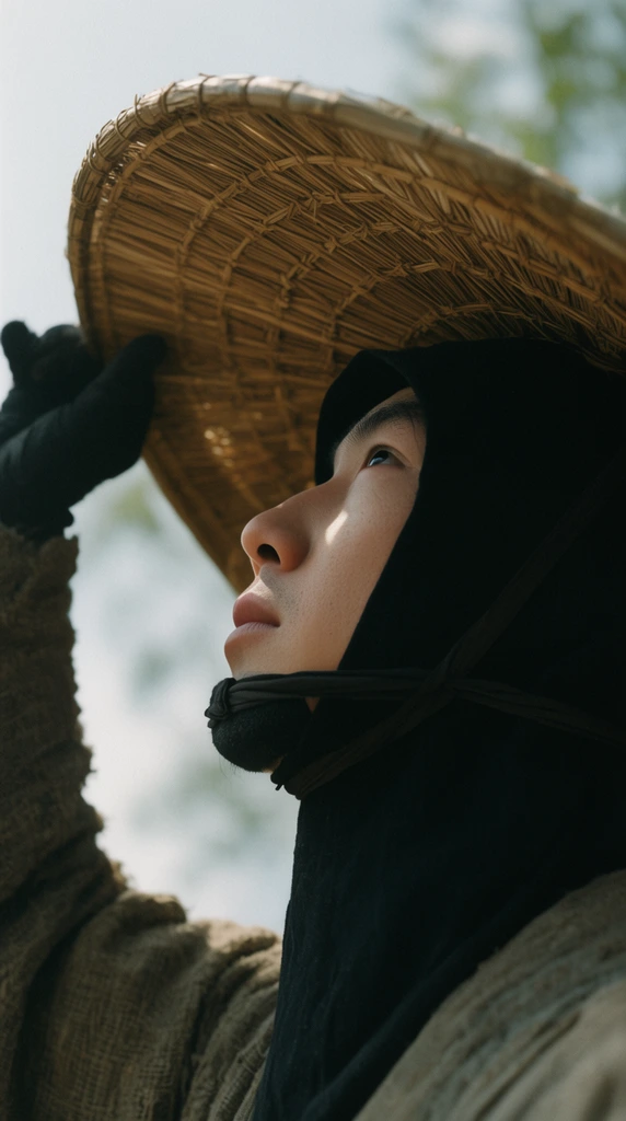 A cinematic low-angle profile close-up of a person gazing upward beneath a large woven straw conical hat. A black cloth hood frames their face, held in place by a dark chin strap. Their gloved left hand, extending from a rough textured sleeve, grips the hat's inner brim. Soft diffused daylight casts gentle shadows across their features. The background is a bright hazy sky with blurred foliage, captured with a shallow depth of field and subtle film grain.