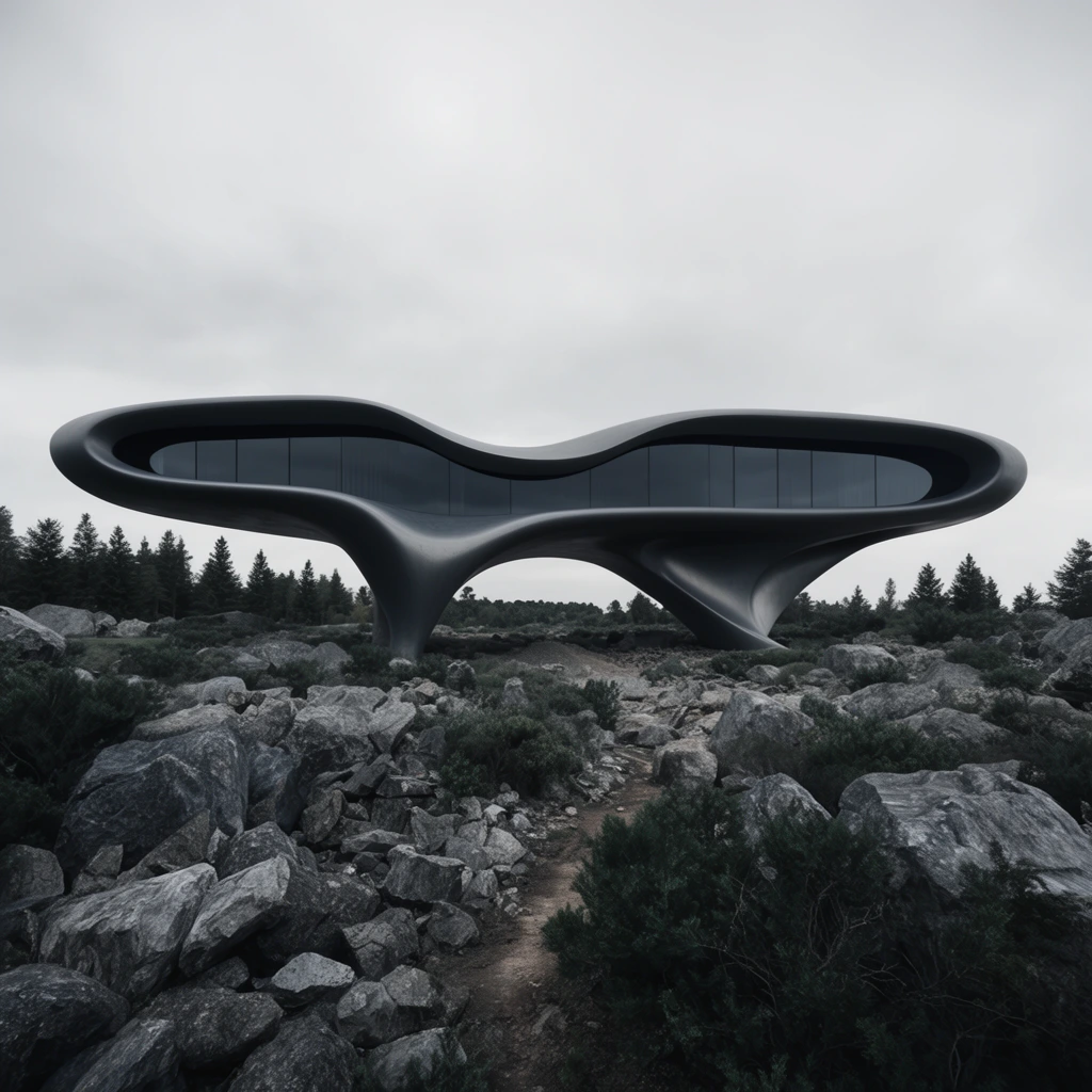 A futuristic, undulating dark grey building hovers above a rugged landscape, supported by two asymmetrical sculpted pillars. The sleek, elongated structure features a wave-like form framing a continuous ribbon of dark panoramic windows. The foreground is densely covered with jagged grey boulders and dark green shrubs, with a narrow dirt path leading toward the supports. Behind the architecture, a line of dark coniferous trees stands against a pale overcast sky. This photorealistic wide-angle architectural rendering uses a moody, desaturated palette to highlight the stark contrast between the fluid, aerodynamic man-made forms and the harsh, primitive rocky wilderness.