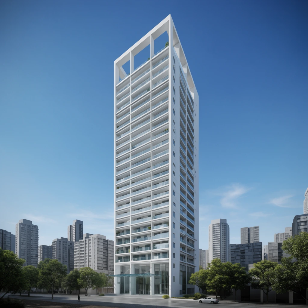 Tall modernist white high-rise tower, stark grid facade with continuous glass balconies, distinctive open rectangular roof frame, clear bright blue sky with faint clouds, surrounding dense gray city skyline, leafy green street trees, sleek glass entrance canopy, photorealistic architectural visualization, crisp daytime lighting, low-angle perspective emphasizing towering verticality