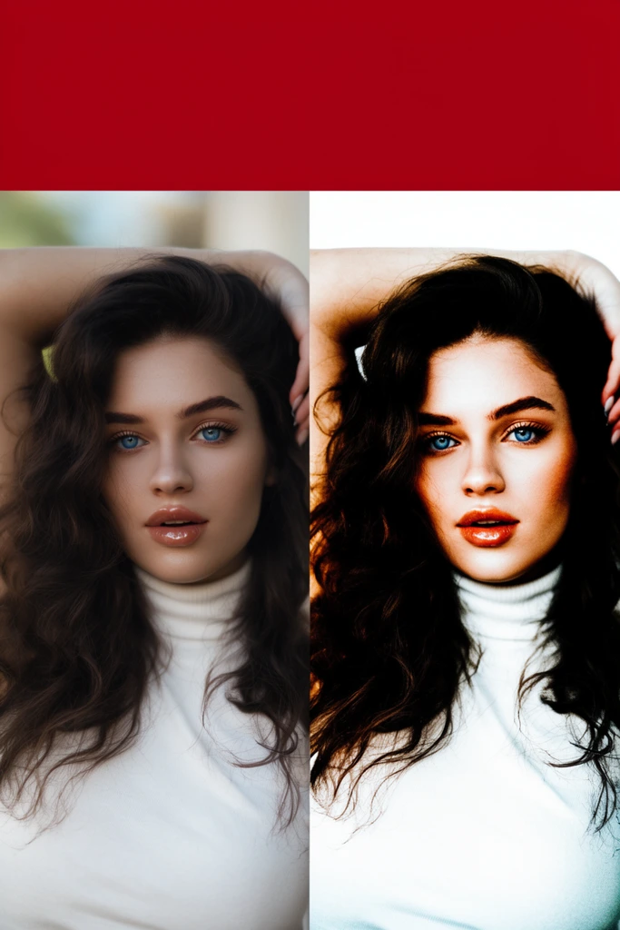 side-by-side diptych portrait of a young woman below a solid crimson top banner, voluminous dark wavy hair, piercing blue eyes, glossy lips, white turtleneck, arm raised behind her head, left half features soft natural lighting and shallow depth of field against a blurred background, right half mirrors the exact pose with extreme high color contrast, intense saturation, dark shadows, isolated subject against a stark white background