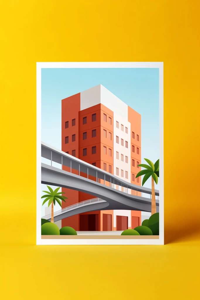 printed rectangular card standing on a seamless vibrant yellow background, flat vector illustration of a terracotta and white building, swooping grey pedestrian overpass, stylized green palm trees, round bushes, light blue sky, minimalist architectural rendering, clean geometric shapes, soft studio lighting, gentle drop shadow