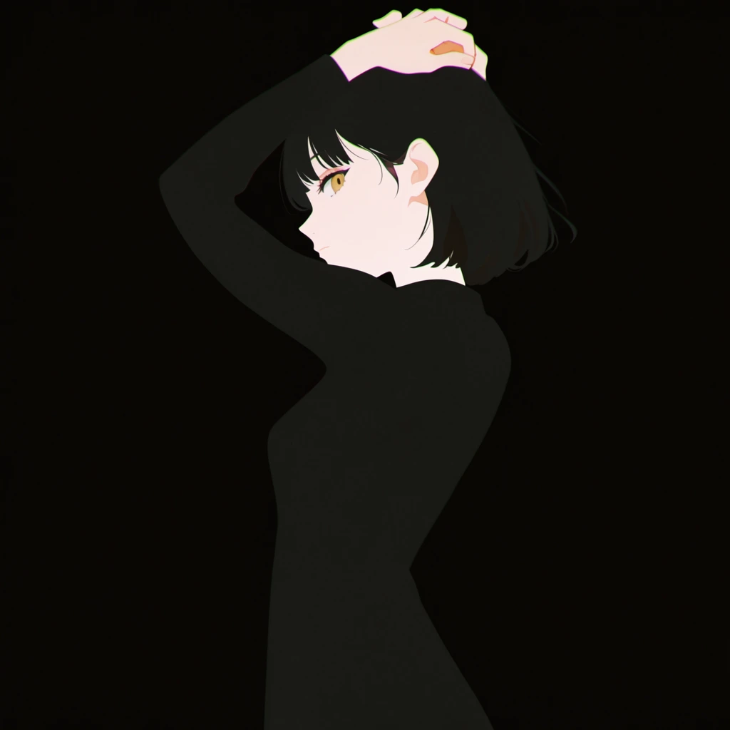 minimalist anime illustration, young woman in profile, seamless black long-sleeved dress blending into a pitch-black background, pale skin, short black hair with bangs, hands raised behind head, single visible amber eye looking over shoulder, flat colors, subtle chromatic aberration, negative space