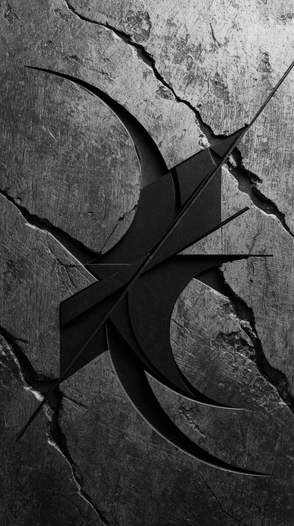 A monochromatic abstract composition featuring a heavily distressed surface resembling etched stone or scuffed metal. Deep, jagged fissures tear diagonally through the textured material. Centrally embedded within this rugged terrain are sharp, dark geometric forms combining sweeping crescents, intersecting lines, and angled planes. These solid black shapes appear slightly raised, casting crisp drop shadows against the heavily grained background. Dramatic directional lighting accentuates the porous imperfections and brutalist aesthetic.
