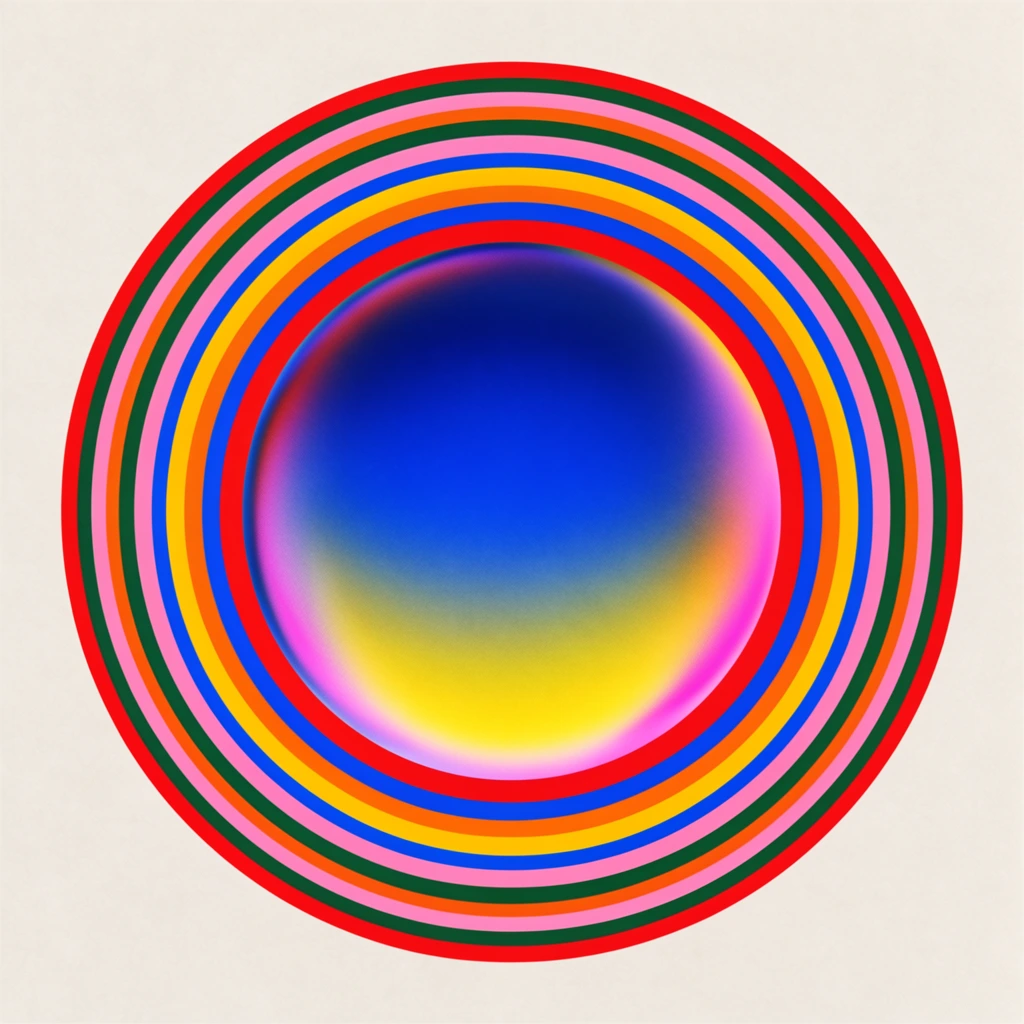 A perfectly centered circular geometric composition on a subtly textured off-white background. The focal point is a luminous central orb featuring a smooth, grainy color gradient transitioning from deep cobalt blue in the middle to bright yellow at the bottom, with soft magenta highlights at the edges, creating an illusion of three-dimensional depth. This glowing core is tightly enclosed by a series of solid, flat concentric rings of varying widths. The vibrant rings alternate in bold, unshaded hues of bright red, pink, vivid blue, orange, sunshine yellow, and dark green. The juxtaposition of the volumetric, soft-focus center against the sharply defined, densely packed outer bands produces a vibrant optical art aesthetic with high color contrast.