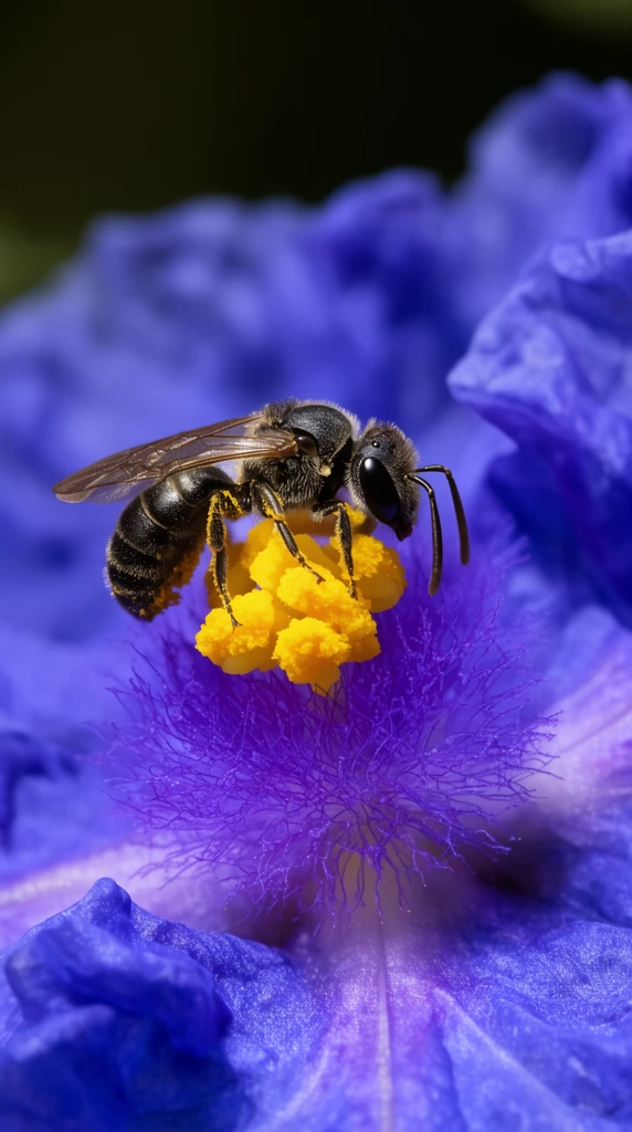 A close-up macro photograph of a small dark bee with translucent wings perched on the bright yellow anther of a vivid purplish-blue flower. The bee grasps the pollen-covered structure amidst crinkled petals and dense fuzzy purple filaments. A dark out-of-focus background isolates the sharp textures and vibrant contrasting colors.